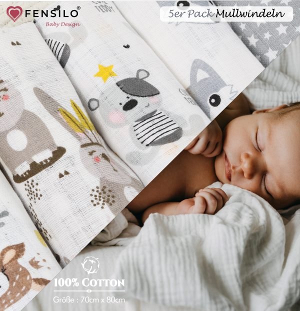 Baby Mulltücher; Mullwindeln; Spucktücher; fensilo; mulltücher baby; ulltücher baby mädchen; pucktücher baby mädchen; spucktuch junge; ensilo baby blanket; blanket; baby blanket; newborn; object; nitted; top view; Fensilo.com; white blanket; white; background; eautiful; indoors; sheet; cover; fabric; wash; cushion; ed; polyester; satin; protection; swaddle blanket; comfortable; otton; hypoallergenic; cute; design; washable; warm; omfy; care; soft; bedroom; set; size; crib; baby crib; outdoor; layground; vacation; park; sleep; colorful; breathable; ayers; 2 layers; premium; materials; premium materials; igh-quality; quality; unisex; 5 set blankets; ray; adorable animals; forest animals; rabbit; deer; indian hut; bear; stars; spucktücher baby; Fensilo baby;