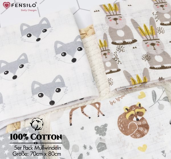 Baby Mulltücher; Mullwindeln; Spucktücher; fensilo; mulltücher baby; ulltücher baby mädchen; pucktücher baby mädchen; spucktuch junge; ensilo baby blanket; blanket; baby blanket; newborn; object; nitted; top view; Fensilo.com; white blanket; white; background; eautiful; indoors; sheet; cover; fabric; wash; cushion; ed; polyester; satin; protection; swaddle blanket; comfortable; otton; hypoallergenic; cute; design; washable; warm; omfy; care; soft; bedroom; set; size; crib; baby crib; outdoor; layground; vacation; park; sleep; colorful; breathable; ayers; 2 layers; premium; materials; premium materials; igh-quality; quality; unisex; 5 set blankets; ray; adorable animals; forest animals; rabbit; deer; indian hut; bear; stars; spucktücher baby; Fensilo baby;