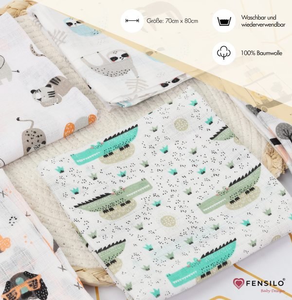Baby Mulltücher; Mullwindeln; Spucktücher; fensilo; mulltücher baby; ulltücher baby mädchen; pucktücher baby mädchen; spucktuch junge; ensilo baby blanket; blanket; baby blanket; newborn; object; nitted; top view; Fensilo.com; white blanket; white; background; eautiful; indoors; sheet; cover; fabric; wash; cushion; ed; polyester; satin; protection; swaddle blanket; comfortable; otton; hypoallergenic; cute; design; washable; warm; omfy; care; soft; bedroom; set; size; crib; baby crib; outdoor; layground; vacation; park; sleep; colorful; breathable; ayers; 2 layers; premium; materials; premium materials; igh-quality; quality; unisex; 5 set blankets; hite; adorable animals; forest animals; tree; luggage; glasses; sloth; crocodille; hippopotamus; poodle; elephant; grass; dogs; spucktücher baby; Fensilo baby;