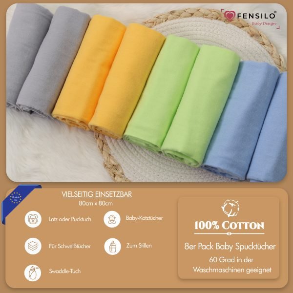 Baby Mulltücher; Mullwindeln; Spucktücher; fensilo; mulltücher baby; mulltücher baby mädchen; spucktücher baby; spucktücher baby mädchen; spucktuch junge; Fensilo baby; Fensilo baby blanket; blanket; baby blanket; newborn; object; knitted; top view; Fensilo.com; white blanket; white; background; beautiful; indoors; sheet; cover; fabric; wash; cushion; bed; polyester; satin; protection; swaddle blanket; comfortable; cotton; hypoallergenic; cute; design; washable; warm; comfy; care; soft; bedroom; set; size; crib; baby crib; outdoor; playground; vacation; park; sleep; colorful; breathable; layers; 2 layers; premium; materials; premium materials; high-quality; quality; unisex; 8 set blankets; Yellow; blue; green; colorful blankets; gray;