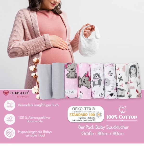 Baby Mulltücher; Mullwindeln; Spucktücher; fensilo; mulltücher baby; mulltücher baby mädchen; spucktücher baby; spucktücher baby mädchen; spucktuch junge; Fensilo baby; Fensilo baby blanket; blanket; baby blanket; newborn; object; knitted; top view; Fensilo.com; white blanket; white; background; beautiful; indoors; sheet; cover; fabric; wash; cushion; bed; polyester; satin; protection; swaddle blanket; comfortable; cotton; hypoallergenic; cute; design; washable; warm; comfy; care; soft; bedroom; set; size; crib; baby crib; outdoor; playground; vacation; park; sleep; colorful; breathable; layers; 2 layers; premium; materials; premium materials; high-quality; quality; unisex; 8 set blankets; girly; women; girl; pink; adorable animals; cute animals; bear; squirrel; rabbit; forest animals; maternity; pregnant; Gray;