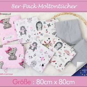 Baby Mulltücher; Mullwindeln; Spucktücher; fensilo; mulltücher baby; mulltücher baby mädchen; spucktücher baby; spucktücher baby mädchen; spucktuch junge; Fensilo baby; Fensilo baby blanket; blanket; baby blanket; newborn; object; knitted; top view; Fensilo.com; white blanket; white; background; beautiful; indoors; sheet; cover; fabric; wash; cushion; bed; polyester; satin; protection; swaddle blanket; comfortable; cotton; hypoallergenic; cute; design; washable; warm; comfy; care; soft; bedroom; set; size; crib; baby crib; outdoor; playground; vacation; park; sleep; colorful; breathable; layers; 2 layers; premium; materials; premium materials; high-quality; quality; unisex; 8 set blankets; girly; women; girl; pink; adorable animals; cute animals; bear; squirrel; rabbit; forest animals; maternity; pregnant; Gray;