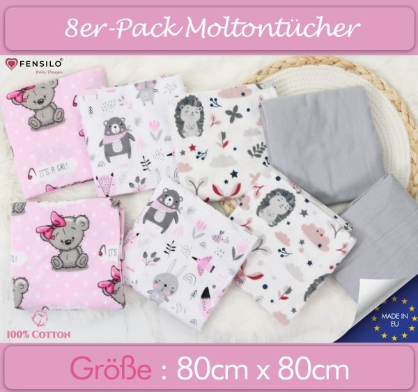 Baby Mulltücher; Mullwindeln; Spucktücher; fensilo; mulltücher baby; mulltücher baby mädchen; spucktücher baby; spucktücher baby mädchen; spucktuch junge; Fensilo baby; Fensilo baby blanket; blanket; baby blanket; newborn; object; knitted; top view; Fensilo.com; white blanket; white; background; beautiful; indoors; sheet; cover; fabric; wash; cushion; bed; polyester; satin; protection; swaddle blanket; comfortable; cotton; hypoallergenic; cute; design; washable; warm; comfy; care; soft; bedroom; set; size; crib; baby crib; outdoor; playground; vacation; park; sleep; colorful; breathable; layers; 2 layers; premium; materials; premium materials; high-quality; quality; unisex; 8 set blankets; girly; women; girl; pink; adorable animals; cute animals; bear; squirrel; rabbit; forest animals; maternity; pregnant; Gray;