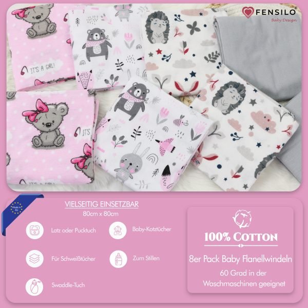 Baby Mulltücher; Mullwindeln; Spucktücher; fensilo; mulltücher baby; mulltücher baby mädchen; spucktücher baby; spucktücher baby mädchen; spucktuch junge; Fensilo baby; Fensilo baby blanket; blanket; baby blanket; newborn; object; knitted; top view; Fensilo.com; white blanket; white; background; beautiful; indoors; sheet; cover; fabric; wash; cushion; bed; polyester; satin; protection; swaddle blanket; comfortable; cotton; hypoallergenic; cute; design; washable; warm; comfy; care; soft; bedroom; set; size; crib; baby crib; outdoor; playground; vacation; park; sleep; colorful; breathable; layers; 2 layers; premium; materials; premium materials; high-quality; quality; unisex; 8 set blankets; girly; women; girl; pink; adorable animals; cute animals; bear; squirrel; rabbit; forest animals; maternity; pregnant; Gray;