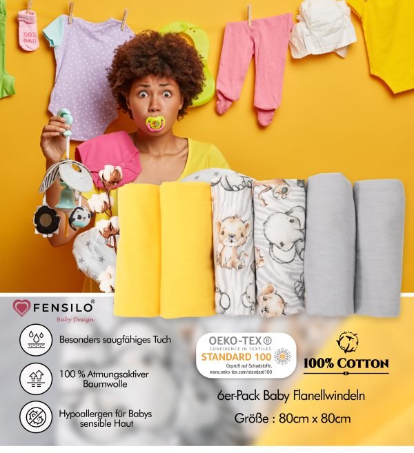 Baby Mulltücher; Mullwindeln; Spucktücher; fensilo; mulltücher baby; mulltücher baby mädchen; spucktücher baby; spucktücher baby mädchen; spucktuch junge; Fensilo baby; Fensilo baby blanket; blanket; baby blanket; newborn; object; knitted; top view; Fensilo.com; white blanket; white; background; beautiful; indoors; sheet; cover; fabric; wash; cushion; bed; polyester; satin; protection; swaddle blanket; comfortable; cotton; hypoallergenic; cute; design; washable; warm; comfy; care; soft; bedroom; set; size; crib; baby crib; outdoor; playground; vacation; park; sleep; colorful; breathable; layers; 2 layers; premium; materials; premium materials; high-quality; quality; unisex; 6 set blankets; Yellow; Gray; Cute animals; adorable animals; baby elephant; baby lion;
