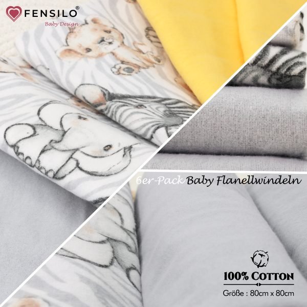 Baby Mulltücher; Mullwindeln; Spucktücher; fensilo; mulltücher baby; mulltücher baby mädchen; spucktücher baby; spucktücher baby mädchen; spucktuch junge; Fensilo baby; Fensilo baby blanket; blanket; baby blanket; newborn; object; knitted; top view; Fensilo.com; white blanket; white; background; beautiful; indoors; sheet; cover; fabric; wash; cushion; bed; polyester; satin; protection; swaddle blanket; comfortable; cotton; hypoallergenic; cute; design; washable; warm; comfy; care; soft; bedroom; set; size; crib; baby crib; outdoor; playground; vacation; park; sleep; colorful; breathable; layers; 2 layers; premium; materials; premium materials; high-quality; quality; unisex; 6 set blankets; Yellow; Gray; Cute animals; adorable animals; baby elephant; baby lion;
