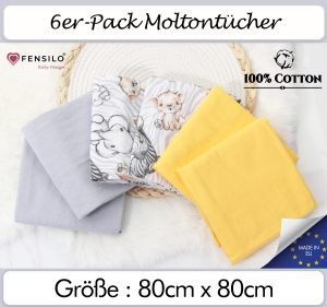 Baby Mulltücher; Mullwindeln; Spucktücher; fensilo; mulltücher baby; mulltücher baby mädchen; spucktücher baby; spucktücher baby mädchen; spucktuch junge; Fensilo baby; Fensilo baby blanket; blanket; baby blanket; newborn; object; knitted; top view; Fensilo.com; white blanket; white; background; beautiful; indoors; sheet; cover; fabric; wash; cushion; bed; polyester; satin; protection; swaddle blanket; comfortable; cotton; hypoallergenic; cute; design; washable; warm; comfy; care; soft; bedroom; set; size; crib; baby crib; outdoor; playground; vacation; park; sleep; colorful; breathable; layers; 2 layers; premium; materials; premium materials; high-quality; quality; unisex; 6 set blankets; Yellow; Gray; Cute animals; adorable animals; baby elephant; baby lion;