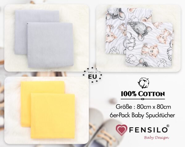 Baby Mulltücher; Mullwindeln; Spucktücher; fensilo; mulltücher baby; mulltücher baby mädchen; spucktücher baby; spucktücher baby mädchen; spucktuch junge; Fensilo baby; Fensilo baby blanket; blanket; baby blanket; newborn; object; knitted; top view; Fensilo.com; white blanket; white; background; beautiful; indoors; sheet; cover; fabric; wash; cushion; bed; polyester; satin; protection; swaddle blanket; comfortable; cotton; hypoallergenic; cute; design; washable; warm; comfy; care; soft; bedroom; set; size; crib; baby crib; outdoor; playground; vacation; park; sleep; colorful; breathable; layers; 2 layers; premium; materials; premium materials; high-quality; quality; unisex; 6 set blankets; Yellow; Gray; Cute animals; adorable animals; baby elephant; baby lion;