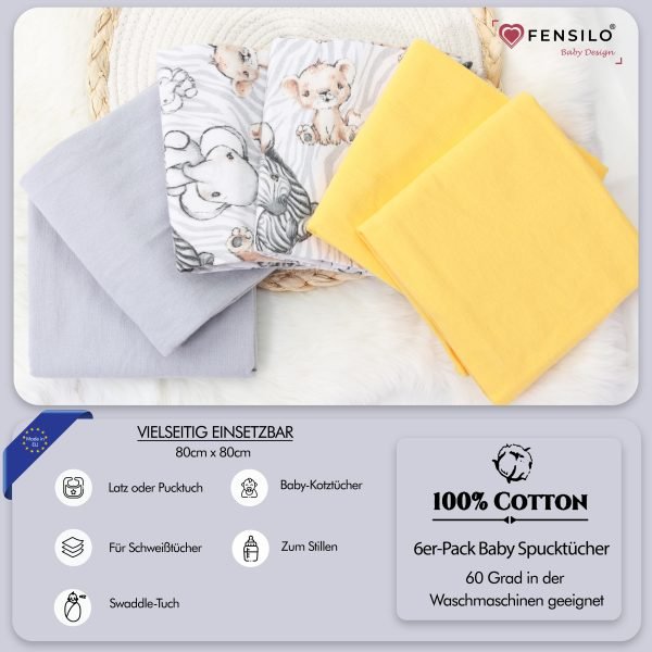 Baby Mulltücher; Mullwindeln; Spucktücher; fensilo; mulltücher baby; mulltücher baby mädchen; spucktücher baby; spucktücher baby mädchen; spucktuch junge; Fensilo baby; Fensilo baby blanket; blanket; baby blanket; newborn; object; knitted; top view; Fensilo.com; white blanket; white; background; beautiful; indoors; sheet; cover; fabric; wash; cushion; bed; polyester; satin; protection; swaddle blanket; comfortable; cotton; hypoallergenic; cute; design; washable; warm; comfy; care; soft; bedroom; set; size; crib; baby crib; outdoor; playground; vacation; park; sleep; colorful; breathable; layers; 2 layers; premium; materials; premium materials; high-quality; quality; unisex; 6 set blankets; Yellow; Gray; Cute animals; adorable animals; baby elephant; baby lion;