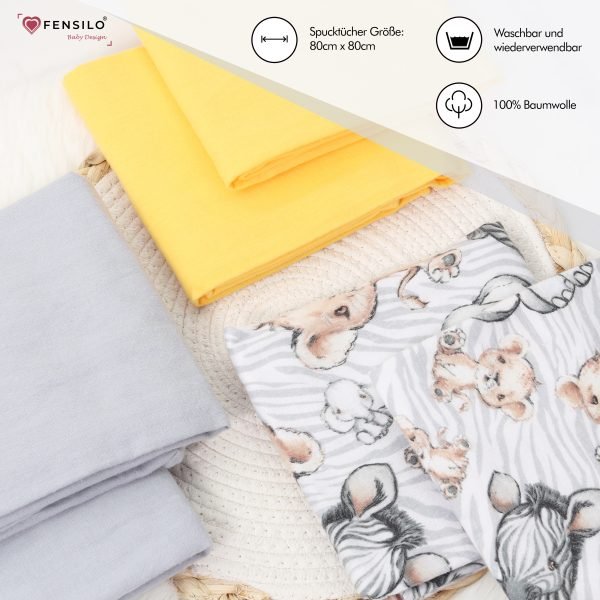 Baby Mulltücher; Mullwindeln; Spucktücher; fensilo; mulltücher baby; mulltücher baby mädchen; spucktücher baby; spucktücher baby mädchen; spucktuch junge; Fensilo baby; Fensilo baby blanket; blanket; baby blanket; newborn; object; knitted; top view; Fensilo.com; white blanket; white; background; beautiful; indoors; sheet; cover; fabric; wash; cushion; bed; polyester; satin; protection; swaddle blanket; comfortable; cotton; hypoallergenic; cute; design; washable; warm; comfy; care; soft; bedroom; set; size; crib; baby crib; outdoor; playground; vacation; park; sleep; colorful; breathable; layers; 2 layers; premium; materials; premium materials; high-quality; quality; unisex; 6 set blankets; Yellow; Gray; Cute animals; adorable animals; baby elephant; baby lion;