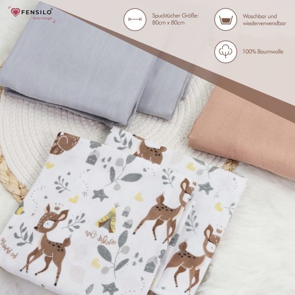 Baby Mulltücher; Mullwindeln; Spucktücher; fensilo; mulltücher baby; mulltücher baby mädchen; spucktücher baby; spucktücher baby mädchen; spucktuch junge; Fensilo baby; Fensilo baby blanket; blanket; baby blanket; newborn; object; knitted; top view; Fensilo.com; white blanket; white; background; beautiful; indoors; sheet; cover; fabric; wash; cushion; bed; polyester; satin; protection; swaddle blanket; comfortable; cotton; hypoallergenic; cute; design; washable; warm; comfy; care; soft; bedroom; set; size; crib; baby crib; outdoor; playground; vacation; park; sleep; colorful; breathable; layers; 2 layers; premium; materials; premium materials; high-quality; quality; unisex; 6 set blankets; Gray; Brown; animal design; adorable animals; cute animals; deer; indian hut; leaves;