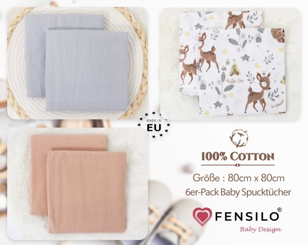 Baby Mulltücher; Mullwindeln; Spucktücher; fensilo; mulltücher baby; mulltücher baby mädchen; spucktücher baby; spucktücher baby mädchen; spucktuch junge; Fensilo baby; Fensilo baby blanket; blanket; baby blanket; newborn; object; knitted; top view; Fensilo.com; white blanket; white; background; beautiful; indoors; sheet; cover; fabric; wash; cushion; bed; polyester; satin; protection; swaddle blanket; comfortable; cotton; hypoallergenic; cute; design; washable; warm; comfy; care; soft; bedroom; set; size; crib; baby crib; outdoor; playground; vacation; park; sleep; colorful; breathable; layers; 2 layers; premium; materials; premium materials; high-quality; quality; unisex; 6 set blankets; Gray; Brown; animal design; adorable animals; cute animals; deer; indian hut; leaves;