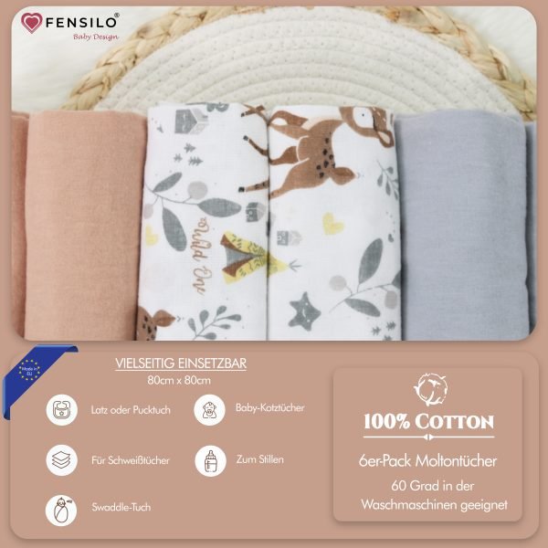 Baby Mulltücher; Mullwindeln; Spucktücher; fensilo; mulltücher baby; mulltücher baby mädchen; spucktücher baby; spucktücher baby mädchen; spucktuch junge; Fensilo baby; Fensilo baby blanket; blanket; baby blanket; newborn; object; knitted; top view; Fensilo.com; white blanket; white; background; beautiful; indoors; sheet; cover; fabric; wash; cushion; bed; polyester; satin; protection; swaddle blanket; comfortable; cotton; hypoallergenic; cute; design; washable; warm; comfy; care; soft; bedroom; set; size; crib; baby crib; outdoor; playground; vacation; park; sleep; colorful; breathable; layers; 2 layers; premium; materials; premium materials; high-quality; quality; unisex; 6 set blankets; Gray; Brown; animal design; adorable animals; cute animals; deer; indian hut; leaves;