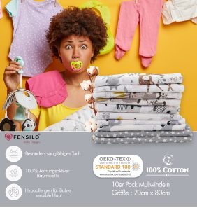 Baby Mulltücher; Mullwindeln; Spucktücher; fensilo; mulltücher baby; mulltücher baby mädchen; spucktücher baby; spucktücher baby mädchen; spucktuch junge; Fensilo baby; Fensilo baby blanket; blanket; baby blanket; newborn; object; knitted; top view; Fensilo.com; white blanket; white; background; beautiful; indoors; sheet; cover; fabric; wash; cushion; bed; polyester; satin; protection; swaddle blanket; comfortable; cotton; hypoallergenic; cute; design; washable; warm; comfy; care; soft; bedroom; set; size; crib; baby crib; outdoor; playground; vacation; park; sleep; colorful; breathable; layers; 2 layers; premium; materials; premium materials; high-quality; quality; unisex; 10 set blankets; adorable animals; cute animals; gray bear; fox; deer; squirrel; stars; bunny;