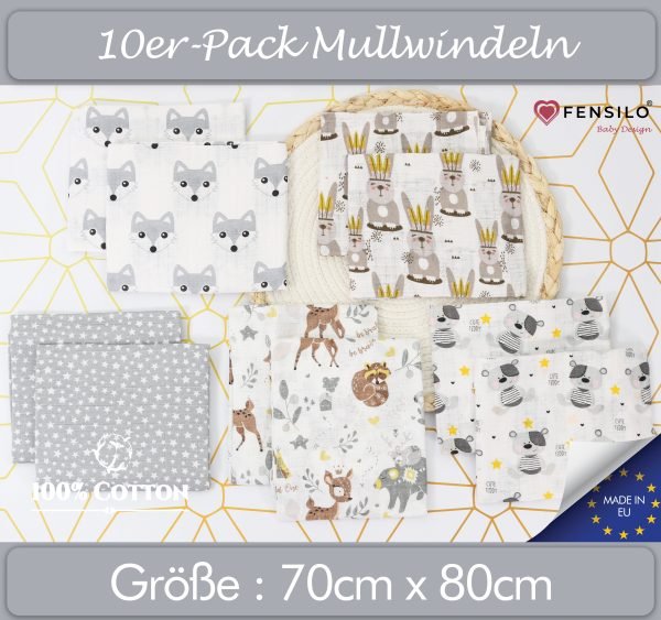 Baby Mulltücher; Mullwindeln; Spucktücher; fensilo; mulltücher baby; mulltücher baby mädchen; spucktücher baby; spucktücher baby mädchen; spucktuch junge; Fensilo baby; Fensilo baby blanket; blanket; baby blanket; newborn; object; knitted; top view; Fensilo.com; white blanket; white; background; beautiful; indoors; sheet; cover; fabric; wash; cushion; bed; polyester; satin; protection; swaddle blanket; comfortable; cotton; hypoallergenic; cute; design; washable; warm; comfy; care; soft; bedroom; set; size; crib; baby crib; outdoor; playground; vacation; park; sleep; colorful; breathable; layers; 2 layers; premium; materials; premium materials; high-quality; quality; unisex; 10 set blankets; adorable animals; cute animals; gray bear; fox; deer; squirrel; stars; bunny;
