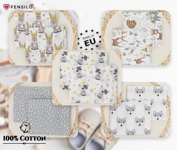 Baby Mulltücher; Mullwindeln; Spucktücher; fensilo; mulltücher baby; mulltücher baby mädchen; spucktücher baby; spucktücher baby mädchen; spucktuch junge; Fensilo baby; Fensilo baby blanket; blanket; baby blanket; newborn; object; knitted; top view; Fensilo.com; white blanket; white; background; beautiful; indoors; sheet; cover; fabric; wash; cushion; bed; polyester; satin; protection; swaddle blanket; comfortable; cotton; hypoallergenic; cute; design; washable; warm; comfy; care; soft; bedroom; set; size; crib; baby crib; outdoor; playground; vacation; park; sleep; colorful; breathable; layers; 2 layers; premium; materials; premium materials; high-quality; quality; unisex; 10 set blankets; adorable animals; cute animals; gray bear; fox; deer; squirrel; stars; bunny;