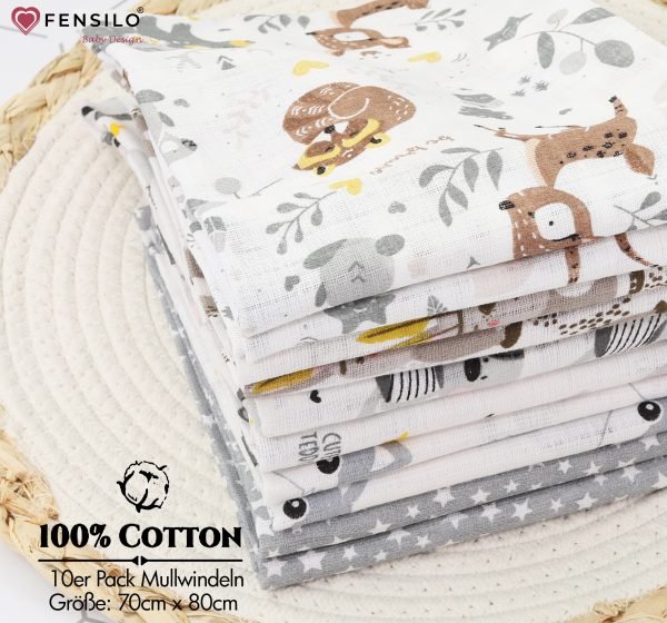 Baby Mulltücher; Mullwindeln; Spucktücher; fensilo; mulltücher baby; mulltücher baby mädchen; spucktücher baby; spucktücher baby mädchen; spucktuch junge; Fensilo baby; Fensilo baby blanket; blanket; baby blanket; newborn; object; knitted; top view; Fensilo.com; white blanket; white; background; beautiful; indoors; sheet; cover; fabric; wash; cushion; bed; polyester; satin; protection; swaddle blanket; comfortable; cotton; hypoallergenic; cute; design; washable; warm; comfy; care; soft; bedroom; set; size; crib; baby crib; outdoor; playground; vacation; park; sleep; colorful; breathable; layers; 2 layers; premium; materials; premium materials; high-quality; quality; unisex; 10 set blankets; adorable animals; cute animals; gray bear; fox; deer; squirrel; stars; bunny;