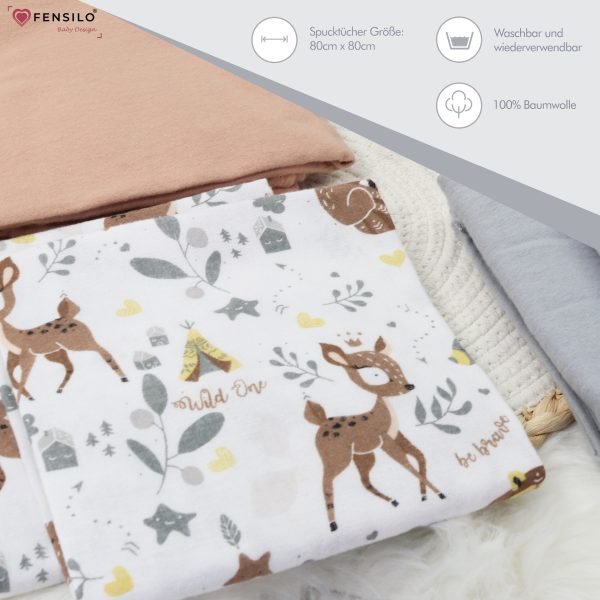 Baby Mulltücher; Mullwindeln; Spucktücher; fensilo; mulltücher baby; mulltücher baby mädchen; spucktücher baby; spucktücher baby mädchen; spucktuch junge; Fensilo baby; Fensilo baby blanket; blanket; baby blanket; newborn; object; knitted; top view; Fensilo.com; white blanket; white; background; beautiful; indoors; sheet; cover; fabric; wash; cushion; bed; polyester; satin; protection; swaddle blanket; comfortable; cotton; hypoallergenic; cute; design; washable; warm; comfy; care; soft; bedroom; set; size; crib; baby crib; outdoor; playground; vacation; park; sleep; colorful; breathable; layers; 2 layers; premium; materials; premium materials; high-quality; quality; unisex; 6 set blankets; Gray; Brown; animal design; adorable animals; cute animals; deer; indian hut; leaves; elephant; Zebra;