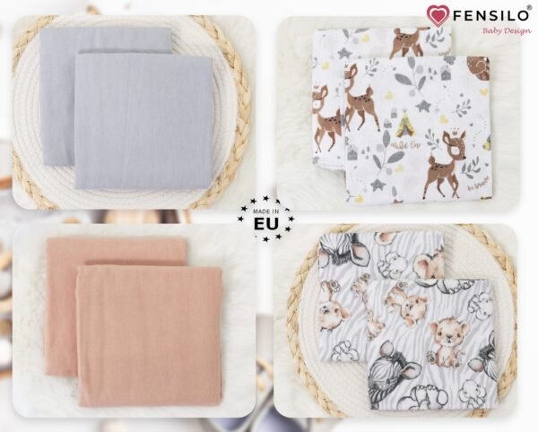 Baby Mulltücher; Mullwindeln; Spucktücher; fensilo; mulltücher baby; mulltücher baby mädchen; spucktücher baby; spucktücher baby mädchen; spucktuch junge; Fensilo baby; Fensilo baby blanket; blanket; baby blanket; newborn; object; knitted; top view; Fensilo.com; white blanket; white; background; beautiful; indoors; sheet; cover; fabric; wash; cushion; bed; polyester; satin; protection; swaddle blanket; comfortable; cotton; hypoallergenic; cute; design; washable; warm; comfy; care; soft; bedroom; set; size; crib; baby crib; outdoor; playground; vacation; park; sleep; colorful; breathable; layers; 2 layers; premium; materials; premium materials; high-quality; quality; unisex; 6 set blankets; Gray; Brown; animal design; adorable animals; cute animals; deer; indian hut; leaves; elephant; Zebra;