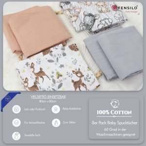 Baby Mulltücher; Mullwindeln; Spucktücher; fensilo; mulltücher baby; mulltücher baby mädchen; spucktücher baby; spucktücher baby mädchen; spucktuch junge; Fensilo baby; Fensilo baby blanket; blanket; baby blanket; newborn; object; knitted; top view; Fensilo.com; white blanket; white; background; beautiful; indoors; sheet; cover; fabric; wash; cushion; bed; polyester; satin; protection; swaddle blanket; comfortable; cotton; hypoallergenic; cute; design; washable; warm; comfy; care; soft; bedroom; set; size; crib; baby crib; outdoor; playground; vacation; park; sleep; colorful; breathable; layers; 2 layers; premium; materials; premium materials; high-quality; quality; unisex; 6 set blankets; Gray; Brown; animal design; adorable animals; cute animals; deer; indian hut; leaves; elephant; Zebra;