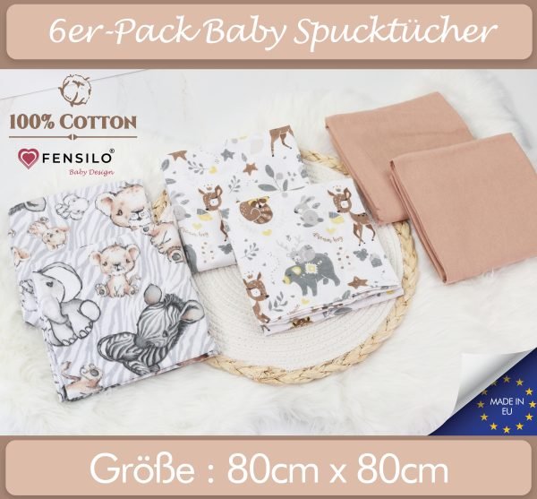 Baby Mulltücher; Mullwindeln; Spucktücher; fensilo; mulltücher baby; mulltücher baby mädchen; spucktücher baby; spucktücher baby mädchen; spucktuch junge; Fensilo baby; Fensilo baby blanket; blanket; baby blanket; newborn; object; knitted; top view; Fensilo.com; white blanket; white; background; beautiful; indoors; sheet; cover; fabric; wash; cushion; bed; polyester; satin; protection; swaddle blanket; comfortable; cotton; hypoallergenic; cute; design; washable; warm; comfy; care; soft; bedroom; set; size; crib; baby crib; outdoor; playground; vacation; park; sleep; colorful; breathable; layers; 2 layers; premium; materials; premium materials; high-quality; quality; unisex; 6 set blankets; Brown; animal design; adorable animals; cute animals; deer; lion; elephant; zebra;