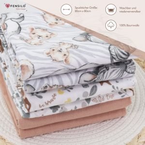 Baby Mulltücher; Mullwindeln; Spucktücher; fensilo; mulltücher baby; mulltücher baby mädchen; spucktücher baby; spucktücher baby mädchen; spucktuch junge; Fensilo baby; Fensilo baby blanket; blanket; baby blanket; newborn; object; knitted; top view; Fensilo.com; white blanket; white; background; beautiful; indoors; sheet; cover; fabric; wash; cushion; bed; polyester; satin; protection; swaddle blanket; comfortable; cotton; hypoallergenic; cute; design; washable; warm; comfy; care; soft; bedroom; set; size; crib; baby crib; outdoor; playground; vacation; park; sleep; colorful; breathable; layers; 2 layers; premium; materials; premium materials; high-quality; quality; unisex; 6 set blankets; Brown; animal design; adorable animals; cute animals; deer; lion; elephant; zebra;
