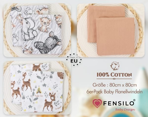 Baby Mulltücher; Mullwindeln; Spucktücher; fensilo; mulltücher baby; mulltücher baby mädchen; spucktücher baby; spucktücher baby mädchen; spucktuch junge; Fensilo baby; Fensilo baby blanket; blanket; baby blanket; newborn; object; knitted; top view; Fensilo.com; white blanket; white; background; beautiful; indoors; sheet; cover; fabric; wash; cushion; bed; polyester; satin; protection; swaddle blanket; comfortable; cotton; hypoallergenic; cute; design; washable; warm; comfy; care; soft; bedroom; set; size; crib; baby crib; outdoor; playground; vacation; park; sleep; colorful; breathable; layers; 2 layers; premium; materials; premium materials; high-quality; quality; unisex; 6 set blankets; Brown; animal design; adorable animals; cute animals; deer; lion; elephant; zebra;