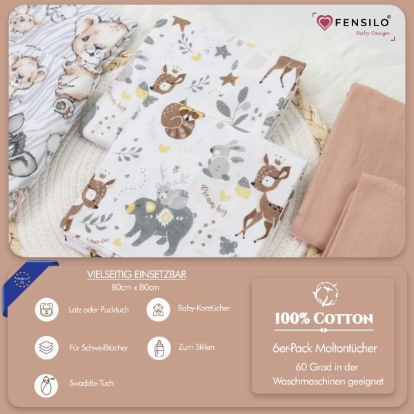 Baby Mulltücher; Mullwindeln; Spucktücher; fensilo; mulltücher baby; mulltücher baby mädchen; spucktücher baby; spucktücher baby mädchen; spucktuch junge; Fensilo baby; Fensilo baby blanket; blanket; baby blanket; newborn; object; knitted; top view; Fensilo.com; white blanket; white; background; beautiful; indoors; sheet; cover; fabric; wash; cushion; bed; polyester; satin; protection; swaddle blanket; comfortable; cotton; hypoallergenic; cute; design; washable; warm; comfy; care; soft; bedroom; set; size; crib; baby crib; outdoor; playground; vacation; park; sleep; colorful; breathable; layers; 2 layers; premium; materials; premium materials; high-quality; quality; unisex; 6 set blankets; Brown; animal design; adorable animals; cute animals; deer; lion; elephant; zebra;