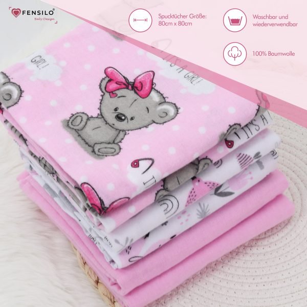 Baby Mulltücher; Mullwindeln; Spucktücher; fensilo; mulltücher baby; mulltücher baby mädchen; spucktücher baby; spucktücher baby mädchen; spucktuch junge; Fensilo baby; Fensilo baby blanket; blanket; baby blanket; newborn; object; knitted; top view; Fensilo.com; white blanket; white; background; beautiful; indoors; sheet; cover; fabric; wash; cushion; bed; polyester; satin; protection; swaddle blanket; comfortable; cotton; hypoallergenic; cute; design; washable; warm; comfy; care; soft; bedroom; set; size; crib; baby crib; outdoor; playground; vacation; park; sleep; colorful; breathable; layers; 2 layers; premium; materials; premium materials; high-quality; quality; unisex; 6 set blankets; girly; women; girl; pink; adorable animals; cute animals; bear; squirrel; rabbit; forest animals; maternity; pregnant;