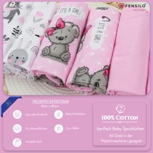 Baby Mulltücher; Mullwindeln; Spucktücher; fensilo; mulltücher baby; mulltücher baby mädchen; spucktücher baby; spucktücher baby mädchen; spucktuch junge; Fensilo baby; Fensilo baby blanket; blanket; baby blanket; newborn; object; knitted; top view; Fensilo.com; white blanket; white; background; beautiful; indoors; sheet; cover; fabric; wash; cushion; bed; polyester; satin; protection; swaddle blanket; comfortable; cotton; hypoallergenic; cute; design; washable; warm; comfy; care; soft; bedroom; set; size; crib; baby crib; outdoor; playground; vacation; park; sleep; colorful; breathable; layers; 2 layers; premium; materials; premium materials; high-quality; quality; unisex; 6 set blankets; girly; women; girl; pink; adorable animals; cute animals; bear; squirrel; rabbit; forest animals; maternity; pregnant;