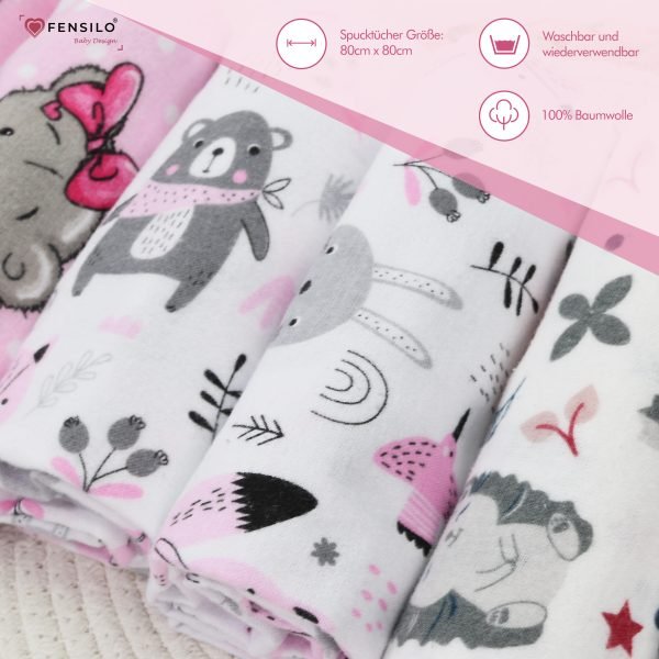 Baby Mulltücher; Mullwindeln; Spucktücher; fensilo; mulltücher baby; mulltücher baby mädchen; spucktücher baby; spucktücher baby mädchen; spucktuch junge; Fensilo baby; Fensilo baby blanket; blanket; baby blanket; newborn; object; knitted; top view; Fensilo.com; white blanket; white; background; beautiful; indoors; sheet; cover; fabric; wash; cushion; bed; polyester; satin; protection; swaddle blanket; comfortable; cotton; hypoallergenic; cute; design; washable; warm; comfy; care; soft; bedroom; set; size; crib; baby crib; outdoor; playground; vacation; park; sleep; colorful; breathable; layers; 2 layers; premium; materials; premium materials; high-quality; quality; unisex; 6 set blankets; girly; women; girl; pink; adorable animals; cute animals; bear; squirrel; rabbit; forest animals; maternity; pregnant;