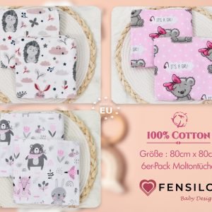 Baby Mulltücher; Mullwindeln; Spucktücher; fensilo; mulltücher baby; mulltücher baby mädchen; spucktücher baby; spucktücher baby mädchen; spucktuch junge; Fensilo baby; Fensilo baby blanket; blanket; baby blanket; newborn; object; knitted; top view; Fensilo.com; white blanket; white; background; beautiful; indoors; sheet; cover; fabric; wash; cushion; bed; polyester; satin; protection; swaddle blanket; comfortable; cotton; hypoallergenic; cute; design; washable; warm; comfy; care; soft; bedroom; set; size; crib; baby crib; outdoor; playground; vacation; park; sleep; colorful; breathable; layers; 2 layers; premium; materials; premium materials; high-quality; quality; unisex; 6 set blankets; girly; women; girl; pink; adorable animals; cute animals; bear; squirrel; rabbit; forest animals; maternity; pregnant;