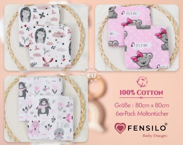Baby Mulltücher; Mullwindeln; Spucktücher; fensilo; mulltücher baby; mulltücher baby mädchen; spucktücher baby; spucktücher baby mädchen; spucktuch junge; Fensilo baby; Fensilo baby blanket; blanket; baby blanket; newborn; object; knitted; top view; Fensilo.com; white blanket; white; background; beautiful; indoors; sheet; cover; fabric; wash; cushion; bed; polyester; satin; protection; swaddle blanket; comfortable; cotton; hypoallergenic; cute; design; washable; warm; comfy; care; soft; bedroom; set; size; crib; baby crib; outdoor; playground; vacation; park; sleep; colorful; breathable; layers; 2 layers; premium; materials; premium materials; high-quality; quality; unisex; 6 set blankets; girly; women; girl; pink; adorable animals; cute animals; bear; squirrel; rabbit; forest animals; maternity; pregnant;