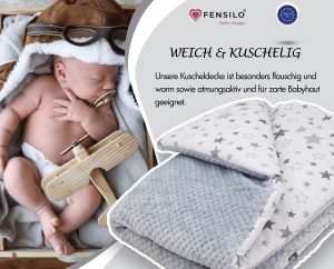 Baby Mulltücher; Mullwindeln; Spucktücher; fensilo; mulltücher baby; mulltücher baby mädchen; spucktücher baby; spucktücher baby mädchen; spucktuch junge; Fensilo baby; Fensilo baby blanket; blanket; baby blanket; newborn; object; knitted; top view; Fensilo.com; white blanket; white; background; beautiful; indoors; sheet; cover; fabric; wash; cushion; bed; polyester; satin; protection; swaddle blanket; comfortable; cotton; hypoallergenic; cute; design; washable; warm; comfy; care; soft; bedroom; set; size; crib; baby crib; outdoor; playground; vacation; park; sleep; colorful; breathable; layers; 2 layers; premium; materials; premium materials; high-quality; quality; unisex; 70cmx100xcm; soft blanket; blanket with gray stars;