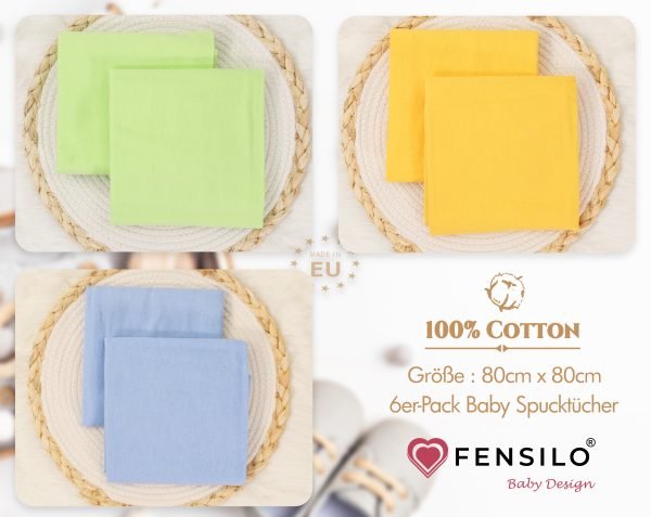 Baby Mulltücher; Mullwindeln; Spucktücher; fensilo; mulltücher baby; mulltücher baby mädchen; spucktücher baby; spucktücher baby mädchen; spucktuch junge; Fensilo baby; Fensilo baby blanket; blanket; baby blanket; newborn; object; knitted; top view; Fensilo.com; white blanket; white; background; beautiful; indoors; sheet; cover; fabric; wash; cushion; bed; polyester; satin; protection; swaddle blanket; comfortable; cotton; hypoallergenic; cute; design; washable; warm; comfy; care; soft; bedroom; set; size; crib; baby crib; outdoor; playground; vacation; park; sleep; colorful; breathable; layers; 2 layers; premium; materials; premium materials; high-quality; quality; unisex; 6 set blankets; Yellow; blue; green; colorful blankets;