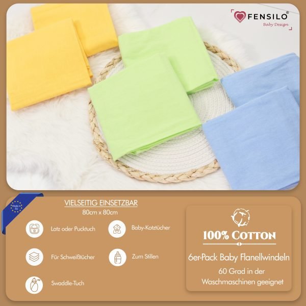 Baby Mulltücher; Mullwindeln; Spucktücher; fensilo; mulltücher baby; mulltücher baby mädchen; spucktücher baby; spucktücher baby mädchen; spucktuch junge; Fensilo baby; Fensilo baby blanket; blanket; baby blanket; newborn; object; knitted; top view; Fensilo.com; white blanket; white; background; beautiful; indoors; sheet; cover; fabric; wash; cushion; bed; polyester; satin; protection; swaddle blanket; comfortable; cotton; hypoallergenic; cute; design; washable; warm; comfy; care; soft; bedroom; set; size; crib; baby crib; outdoor; playground; vacation; park; sleep; colorful; breathable; layers; 2 layers; premium; materials; premium materials; high-quality; quality; unisex; 6 set blankets; Yellow; blue; green; colorful blankets;