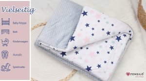 Baby Mulltücher; Mullwindeln; Spucktücher; fensilo; mulltücher baby; mulltücher baby mädchen; spucktücher baby; spucktücher baby mädchen; spucktuch junge; Fensilo baby; Fensilo baby blanket; blanket; baby blanket; newborn; object; knitted; top view; Fensilo.com; white blanket; white; background; beautiful; indoors; sheet; cover; fabric; wash; cushion; bed; polyester; satin; protection; swaddle blanket; comfortable; cotton; hypoallergenic; cute; design; washable; warm; comfy; care; soft; bedroom; set; size; crib; baby crib; outdoor; playground; vacation; park; sleep; colorful; breathable; layers; 2 layers; premium; materials; premium materials; high-quality; quality; unisex; large blanket; wide blanket; long; wide; comfortable blanket; adorable design; stars; cute stars; blue; pink;