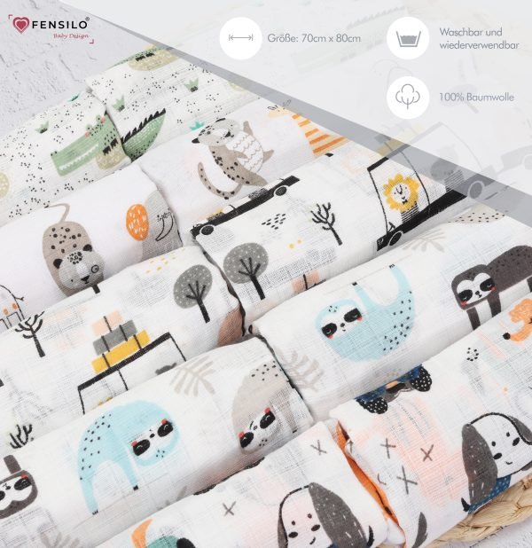 Baby Mulltücher; Mullwindeln; Spucktücher; fensilo; mulltücher baby; mulltücher baby mädchen; spucktücher baby; spucktücher baby mädchen; spucktuch junge; Fensilo baby; Fensilo baby blanket; blanket; baby blanket; newborn; object; knitted; top view; Fensilo.com; white blanket; white; background; beautiful; indoors; sheet; cover; fabric; wash; cushion; bed; polyester; satin; protection; swaddle blanket; comfortable; cotton; hypoallergenic; cute; design; washable; warm; comfy; care; soft; bedroom; set; size; crib; baby crib; outdoor; playground; vacation; park; sleep; colorful; breathable; layers; 2 layers; premium; materials; premium materials; high-quality; quality; unisex; 10 set blankets; adorable animals; cute animals; crocodile; sloth; dogs; elephant; tiger; giraffe; trees; shades; colorful animals; lovely animals;
