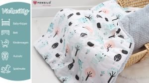 Baby Mulltücher; Mullwindeln; Spucktücher; fensilo; mulltücher baby; mulltücher baby mädchen; spucktücher baby; spucktücher baby mädchen; spucktuch junge; Fensilo baby; Fensilo baby blanket; blanket; baby blanket; newborn; object; knitted; top view; Fensilo.com; white blanket; white; background; beautiful; indoors; sheet; cover; fabric; wash; cushion; bed; polyester; satin; protection; swaddle blanket; comfortable; cotton; hypoallergenic; cute; design; washable; warm; comfy; care; soft; bedroom; set; size; crib; baby crib; outdoor; playground; vacation; park; sleep; colorful; breathable; layers; 2 layers; premium; materials; premium materials; high-quality; quality; unisex; large blanket; wide blanket; long; wide; comfortable blanket; adorable design; adorable animals; lovely animals; luxurious design; deer; leaves;