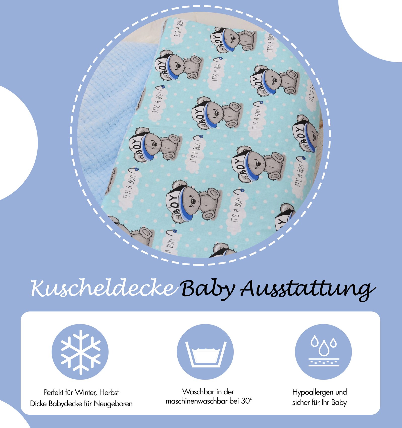 Baumwolle – 70x100cm Kuscheldecke Krabbeldecke Teddybär – hebben Plüsch in aus Multifunktionsdecke Waar Kinderdecke der je Blau Weiche FENSILO Babydecke Ausstattung Baby und | zoekt, Doppelseitige wij – EU Hergestellt ook de