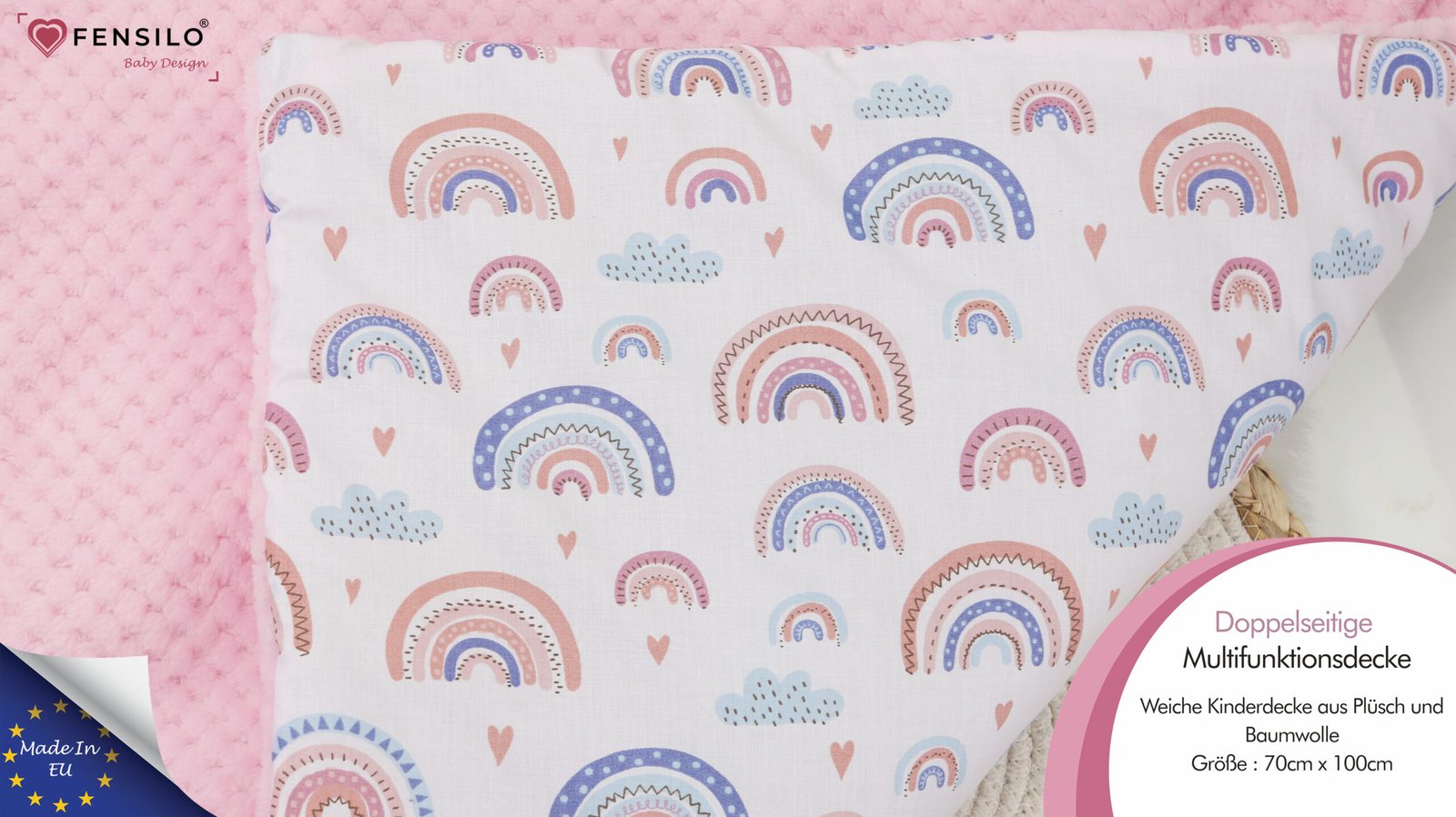 FENSILO Babydecke – Kuscheldecke Baby Ausstattung – Doppelseitige Multifunktionsdecke Krabbeldecke Weiche Kinderdecke aus Plüsch und Baumwolle 70x100cm Hergestellt in der EU Rosa Regenbogen