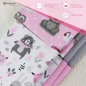 Baby Mulltücher; Mullwindeln; Spucktücher; fensilo; mulltücher baby; mulltücher baby mädchen; spucktücher baby; spucktücher baby mädchen; spucktuch junge; Fensilo baby; Fensilo baby blanket; blanket; baby blanket; newborn; object; knitted; top view; Fensilo.com; white blanket; white; background; beautiful; indoors; sheet; cover; fabric; wash; cushion; bed; polyester; satin; protection; swaddle blanket; comfortable; cotton; hypoallergenic; cute; design; washable; warm; comfy; care; soft; bedroom; set; size; crib; baby crib; outdoor; playground; vacation; park; sleep; colorful; breathable; layers; 2 layers; premium; materials; premium materials; high-quality; quality; unisex; 8 set blankets; girly; women; girl; pink; adorable animals; cute animals; bear; rabbit; forest animals; maternity; pregnant; Gray;