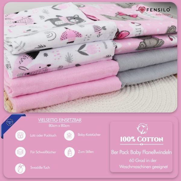 Baby Mulltücher; Mullwindeln; Spucktücher; fensilo; mulltücher baby; mulltücher baby mädchen; spucktücher baby; spucktücher baby mädchen; spucktuch junge; Fensilo baby; Fensilo baby blanket; blanket; baby blanket; newborn; object; knitted; top view; Fensilo.com; white blanket; white; background; beautiful; indoors; sheet; cover; fabric; wash; cushion; bed; polyester; satin; protection; swaddle blanket; comfortable; cotton; hypoallergenic; cute; design; washable; warm; comfy; care; soft; bedroom; set; size; crib; baby crib; outdoor; playground; vacation; park; sleep; colorful; breathable; layers; 2 layers; premium; materials; premium materials; high-quality; quality; unisex; 8 set blankets; girly; women; girl; pink; adorable animals; cute animals; bear; rabbit; forest animals; maternity; pregnant; Gray;