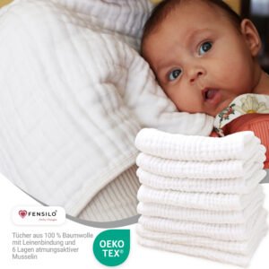 FENSILO Mulltücher Baby  Spucktücher Baby - 6 Schichten Saugstark Mullwindeln 8er Pack 35x50 cm  Stoffwindeln - schadstoffgeprüft - Spucktücher für Jungen und Mädchen - Baby Mullwindeln  weiß