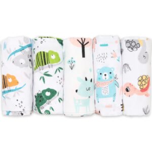 Moltontücher, 5er Pack-Flanellwindeln aus 100% Baumwolle-80x80cm,Moltonwindel Spucktücher Baby, Spucktuch Flanell Moltontuch,Schildkröte & Hirsch