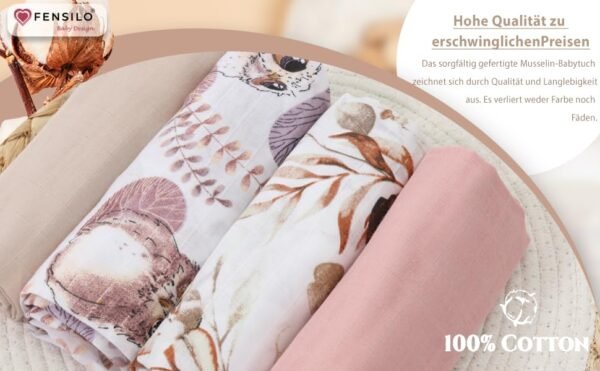 FENSILO|Baby|Katoenen mousseline|4pack|65x70 cm|Hydrofiele Luiers|Hydrofiele Doeken|jongens en meisjes|gaasluiers|babyluiers - roze-beige dieren - Image 5