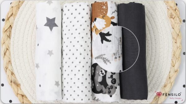 FENSILO Mousselinedoeken voor baby's, 60 x 75 cm, set van 4, mousseline, Made in EU, snuffeldoek, spuceldoek voor jongens en meisjes, voor baby's - zwart-witte dieren - Image 8