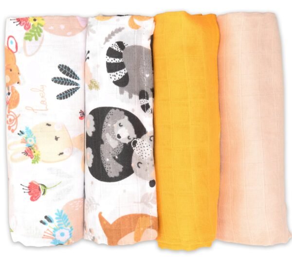 FENSILO|Baby|Katoenen mousseline|4pack|65x70 cm|Hydrofiele Luiers|Hydrofiele Doeken|jongens en meisjes|gaasluiers|babyluiers - geel, beige, & 2 dieren