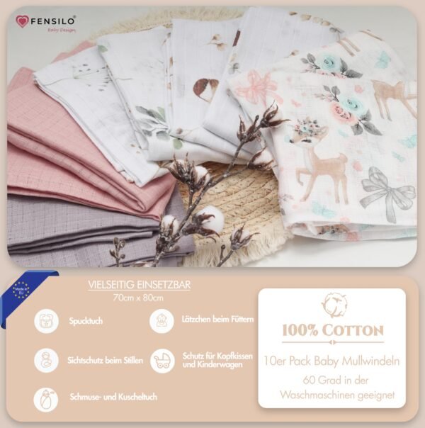 FENSILO Mullluiers | Mulldoeken - Pack van 10 70 x 80 cm | stoffen luiers | afvegen en afdekken van pasgeborenen | mousseline doeken voor baby's | koffie - Image 9