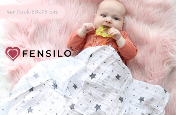 FENSILO Mousselinedoeken voor baby's, 60 x 75 cm, set van 4, mousseline, Made in EU, snuffeldoek, spuceldoek voor jongens en meisjes, voor baby's - zwart-witte dieren - Image 2